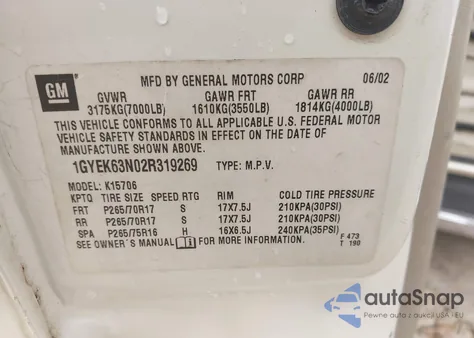 2002 Cadillac Escalade Standard z USA, uszkodzony, nr VIN 1GYEK63N02R319269